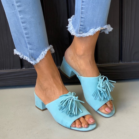 Urban Outfitters Shoes - Turquoise Fringe Tassel Vamp Block Heel Mule Slide